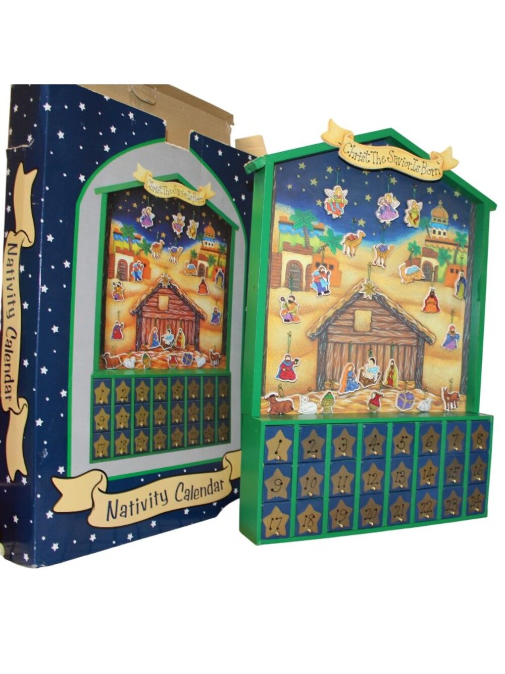 Vtg Wooden Nativity Advent Calendar 24 Lift Up Slots Christ Savior Born Orig Box
